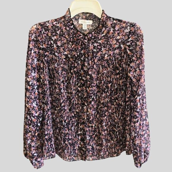Topshop Blouse Women's Size 2 Black Floral Sheer Pleated Boho Long Sleeve Button - Picture 1 of 12